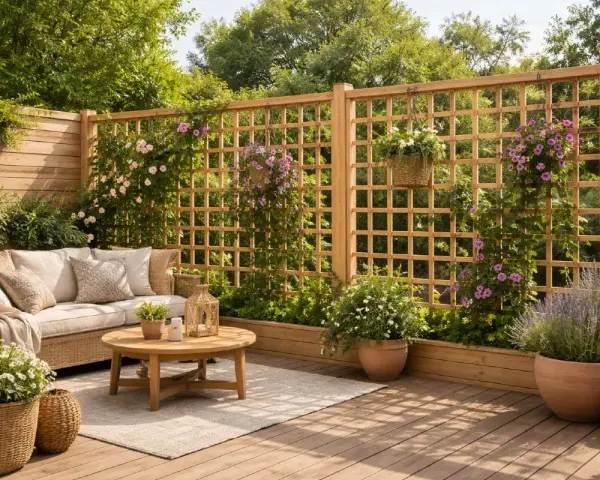 En mysig uteplats med en träspaljé med blomlåda, soffa och runt bord. Klätterrosor och hängande blommor pryder spaljén.