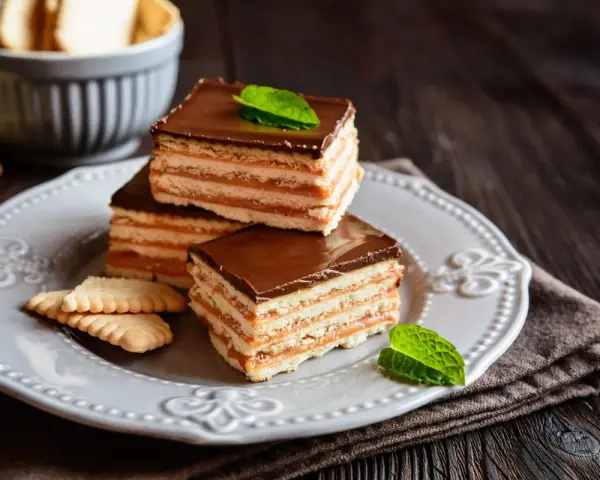Pastelitos de galleta con dulce de leche y chocolate, un postre casero que recuerda a la abuela en España.