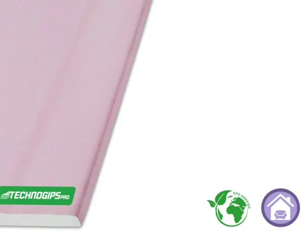 Lastra rosa Technogips Pro, con logo e certificazioni ambientali. Il cartongesso è ignifugo, garantendo sicurezza in casa.