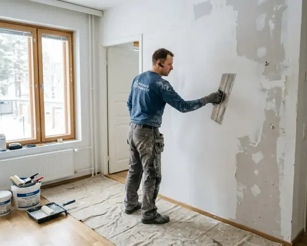 Man spacklar en vägg med spackel och bredspackel. Verktyg och spackelburkar står på golvet.