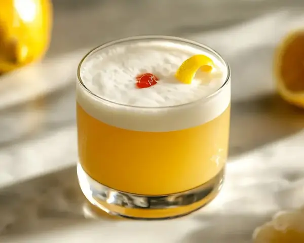 Klasyczny whisky sour przepis: orzeźwiający koktajl z pianką, cytryną i wisienką. Idealny na każdą okazję.