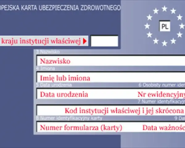 Europejska Karta Ubezpieczenia Zdrowotnego, potwierdzająca przynależność do NFZ. Zawiera dane osobowe i numer identyfikacyjny.