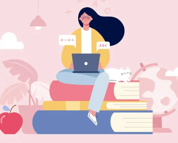 Ragazza studia online con laptop, circondata da libri, un gatto e un globo. Capire mooc cosa sono è facile con questo apprendimento digitale.