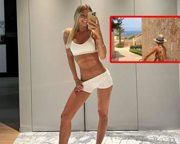 Agata Sieramska pozuje w białym sportowym komplecie, prezentując wyrzeźbiony brzuch. W małym kadrze widać ją w słomkowym kapeluszu na tle śródziemnomorskiego krajobrazu.