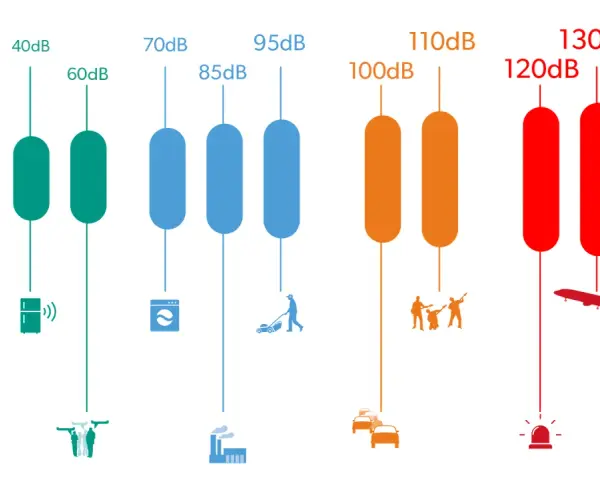 Onde sonore colorées traversant une oreille, montrant le chemin vers la cochlée. Un exemple de 100 dB.