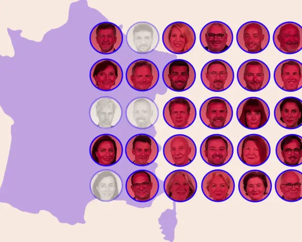 Portraits de membres d'un groupe allemand connu en France, disposés sur une carte stylisée de la France.