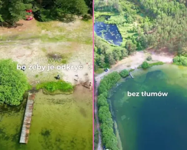 Dwa ujęcia Mazur: z lewej piaszczysta plaża i pomost, z prawej zielone jezioro, najczystsze jezioro na Mazurach, bez tłumów.