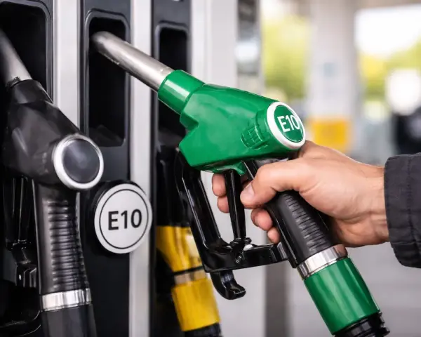 Mano che impugna una pompa di benzina verde con etichetta E10, pronta per fare rifornimento di benzina 95 ottani.