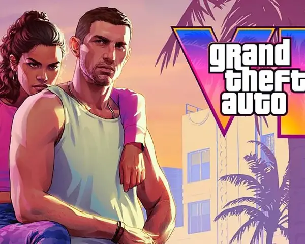 Pareja posando frente al logo de Grand Theft Auto VI, con palmeras y edificios de estilo Miami al atardecer.