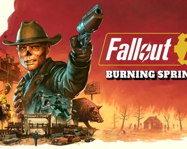 Un hombre con sombrero de vaquero apunta un arma. Escena de acción de Fallout 76: Burning Springs, con mutantes, un jabalí y un pueblo en llamas. ¡Excelentes consejos para sobrevivir!