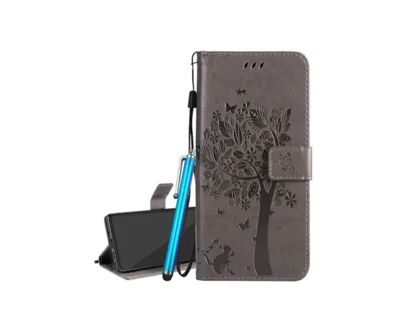 Szare etui na telefon Motorola E6S z motywem drzewa i motyli. W zestawie niebieski rysik.