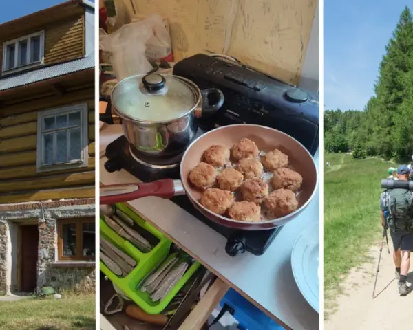 Drewniany dom, smażone kotlety i grupa turystów na szlaku. To wszystko tworzy obraz przytulnego schroniska turystycznego.