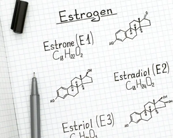 Struktury chemiczne estrogenów: estronu, estradiolu i estriolu. Notatki na kratkowanym papierze.