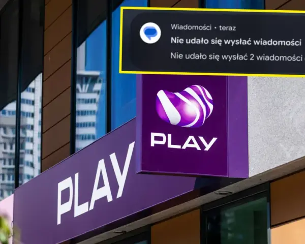 Awaria internetu Play. Komunikat o błędzie wysyłania wiadomości na tle logo operatora.