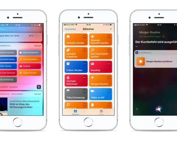 Drei iPhones zeigen die App "Kurzbefehle" mit verschiedenen Routinen wie "Morgen Routine" und "Roadtrip".