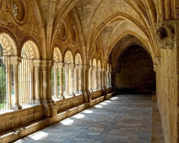 Sunlight streams through arched cloisters, hinting at the diverse types of monasteries and their serene courtyards.