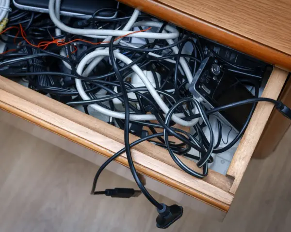 Szuflada pełna plątaniny kabli, ładowarek i urządzeń elektronicznych.