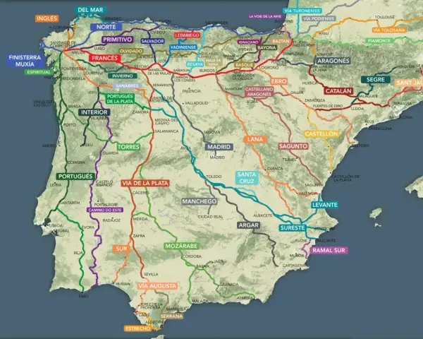 Mapa szlaków pielgrzymkowych do Santiago de Compostela. Widać szlaki: Francuski, Portugalski, Via de la Plata, Camino del Norte i inne.