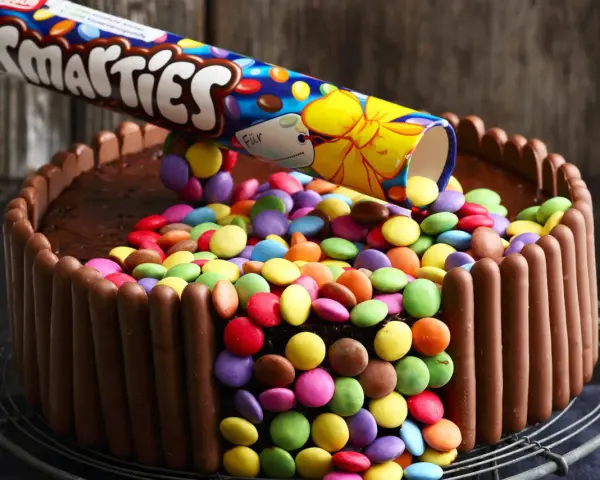 Eine einfache Geburtstagstorte für Jungs: Schokoladenkuchen, umhüllt von Schokoriegeln und bedeckt mit bunten Smarties, die aus einer aufgeschnittenen Rolle rieseln.