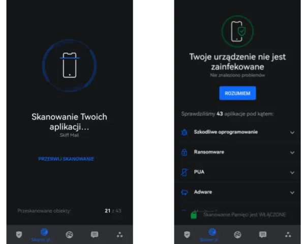 Aplikacja pokazuje, jak usunąć wirusa z telefonu. Urządzenie jest czyste, przeskanowano 43 aplikacje.