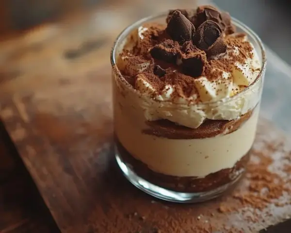 Pyszne tiramisu w pucharku, warstwowe, z bitą śmietaną i kakao. Idealne na deser, gdy masz ochotę na coś słodkiego.