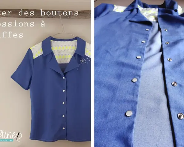 Chemise bleue à boutonnage femme, avec des pressions à griffes et un motif de pissenlit brodé.