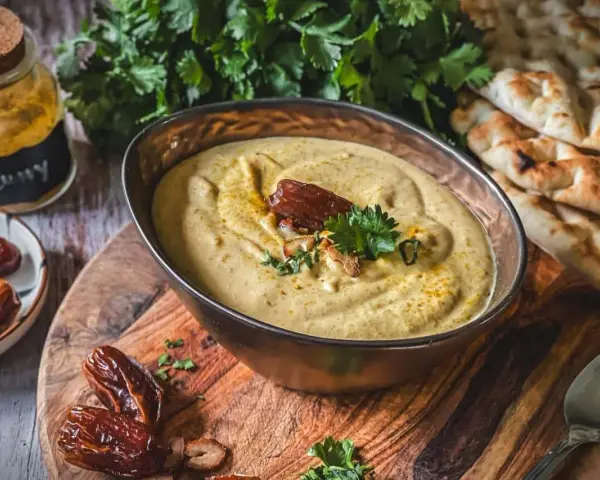 Cremiges Hummus mit Datteln und Curry, perfekt als Dips zum Grillen. Dazu Fladenbrot und frische Kräuter.