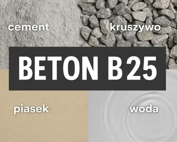 Składniki betonu B25: cement, kruszywo, piasek i woda. Kluczowe są odpowiednie proporcje cementu i piasku.
