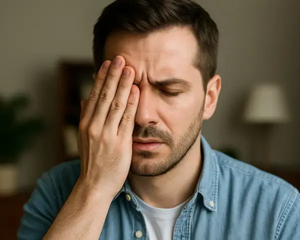 Uomo con mano sull'occhio, forse a causa di uno scotoma anulare.