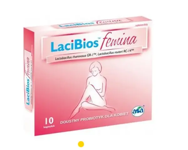 Opakowanie LaciBios femina, doustny probiotyk dla kobiet, zawiera 10 kapsułek. Wspiera zdrowie intymne.