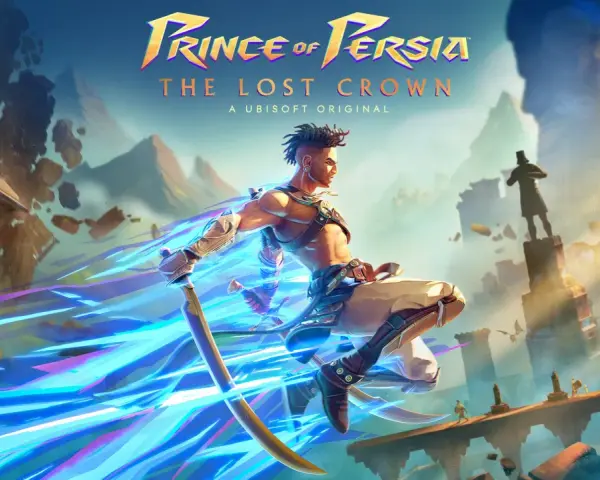 El Príncipe de Persia, Sargon, salta con su espada, dejando estelas de energía. ¡Atrévete a conseguir todos los trofeos de Prince of Persia The Lost Crown!