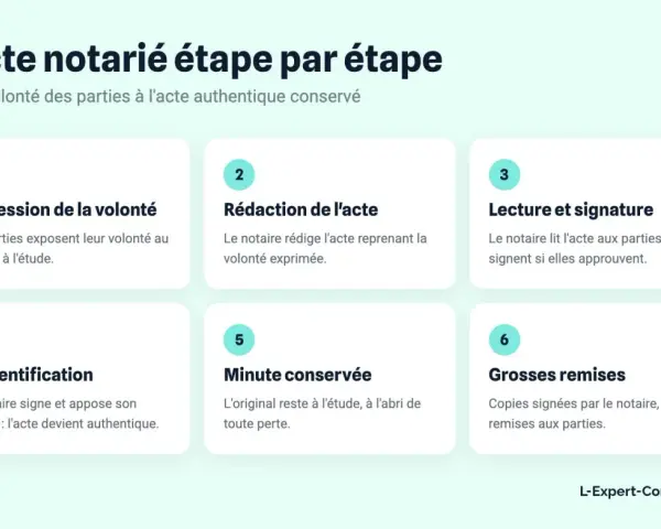 Schéma expliquant les étapes pour retrouver un acte notarié en ligne : expression de la volonté, rédaction, lecture, signature, authentification, minute conservée et grosses remises.
