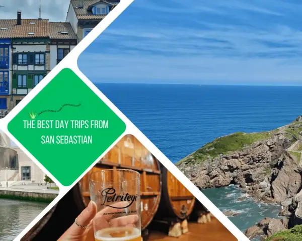 Collage showcasing colorful buildings, the Guggenheim Museum, a beer tasting, and a dramatic coastal church, highlighting the best day trips from San Sebastian.