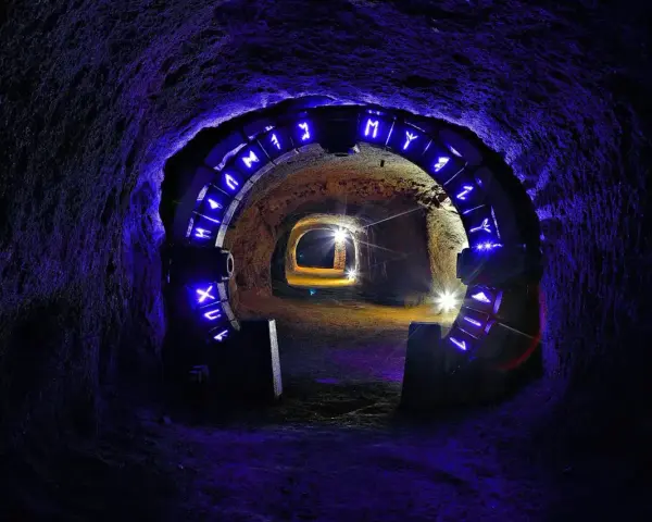 Jelenia Góra bramy czasu, kamienny tunel z niebieskimi runami i światłami, prowadzący w głąb ziemi.