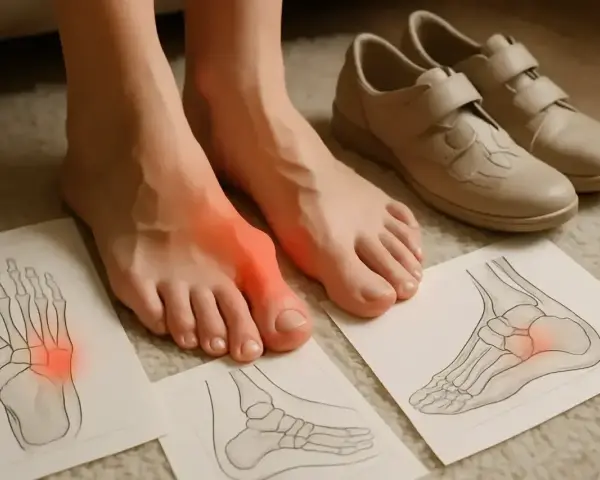 Ból stopy z zapaloną kością śródstopia. Obok rysunki anatomiczne i wygodne buty.