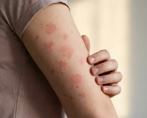Arm mit roten Flecken auf der Haut, die auf eine allergische Reaktion oder Hautirritation hindeuten.
