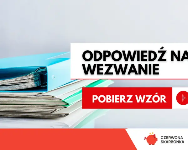 Stos dokumentów i segregatorów, tekst "ODPOWIEDŹ NA WEZWANIE", "POBIERZ WZÓR". Pomoc w sprawach horyzont windykacja.