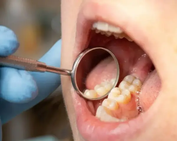 Dentysta bada zęby, używając lusterka do sprawdzenia szyjki zęba i okolicznych tkanek.