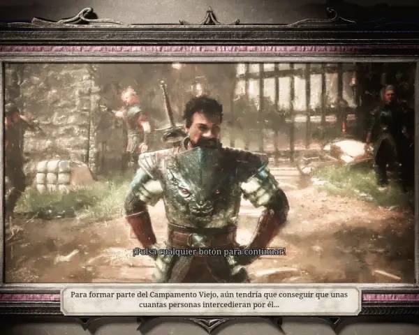 Un guerrero con armadura de bestia, en un estilo de gothic remake, posa ante un campamento.