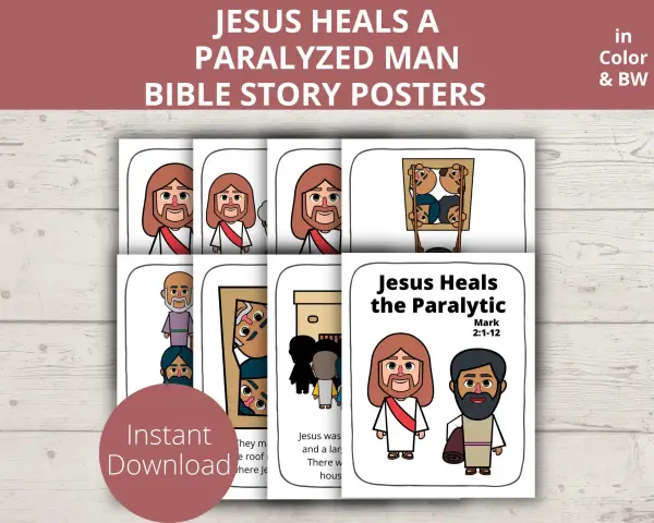 Ilustracje biblijne: Jezus uzdrawia paralityka, w tym Jezus i uzdrowiony mężczyzna.
