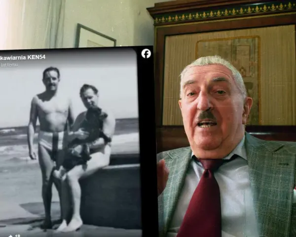 Jerzy Waldorff z bratem na plaży, obok portret samego Jerzego.