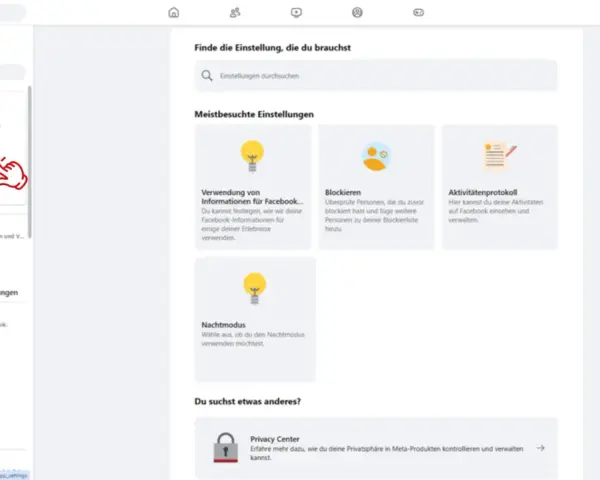 Facebook-Einstellungen: Ein Finger tippt auf "Kontenübersicht" in der linken Seitenleiste.