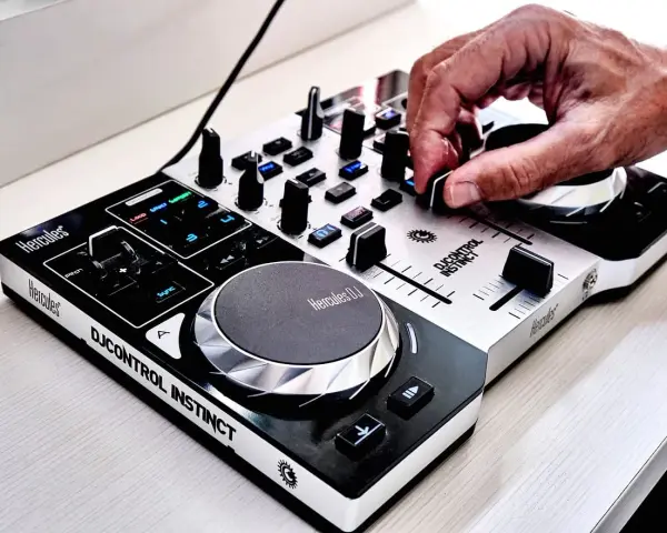 Dłoń DJ-a miksuje szybkie piosenki do tańca na kontrolerze Hercules DJControl Instinct.