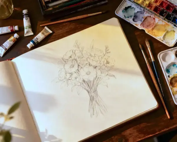 Un carnet ouvert montre un croquis de fleurs. Autour, des tubes de peinture et des pinceaux suggèrent ce avec quoi dessiner sur une toile avant de peindre.
