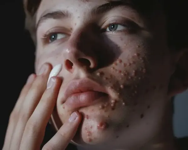 Młoda osoba z trądzikiem nakłada krem na twarz, zastanawiając się, czy sudocrem jest dobry na rany.