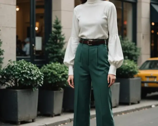 Elegancka kobieta w zielonych spodniach z wysokim stanem i bufiastymi rękawami, przypominającymi kształtem **stovepipe**.