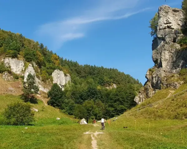Słoneczna pogoda zachęca do wędrówki po szlakach Doliny Kobylańskiej. Widać rowerzystę i wspinaczy na skale.