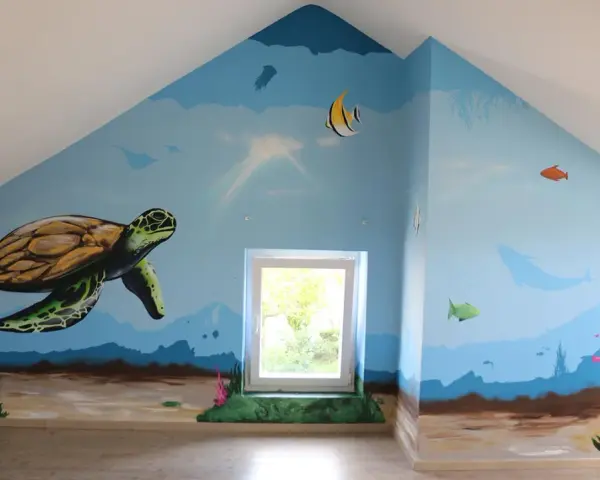 Fresque dessin d'un monde sous-marin avec une tortue, des poissons, une baleine et des coraux.