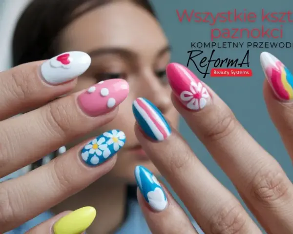 Kolorowe paznokcie konstrukcyjne z motywami kwiatów, serc i pasków. Różne kształty i wzory na dłoniach modelki.