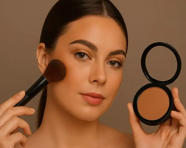Kobieta z pędzlem nakłada bronzer w kamieniu, by uzyskać naturalny efekt muśniętej słońcem skóry.